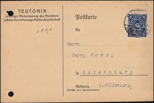 Trou de la société TVL sur 228 Posthorn 6 Mark ala EF sur carte postale LEIPZIG 5.12.22