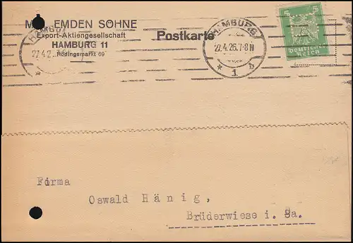 Firmenlochung ES auf 356 Reichsadler 5 Pf. als EF auf Postkarte HAMBURG 22.4.26