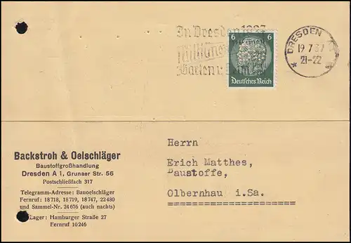 Firmenlochung BO auf Hindenburg-Marke 6 Pf als EF auf Postkarte DRESDEN 19.7.37