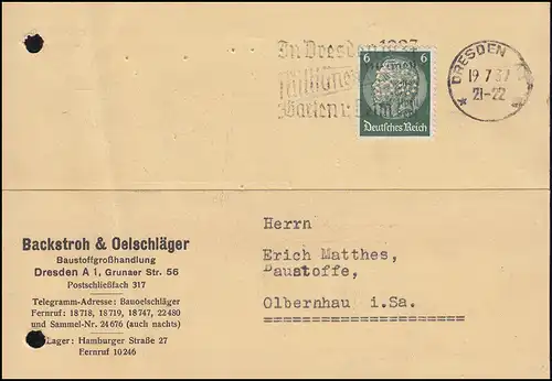 Trou de l'entreprise BO sur la marque Hindenburg 6 Pf en tant qu'EF sur carte postale DRESDEN 19.7.37