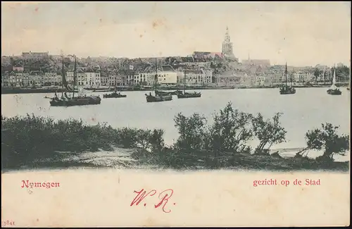 Firmenlochung/Perfin K auf 50 Ziffer auf AK Nymegen Panorama AMSTERDAM 20.6.1901