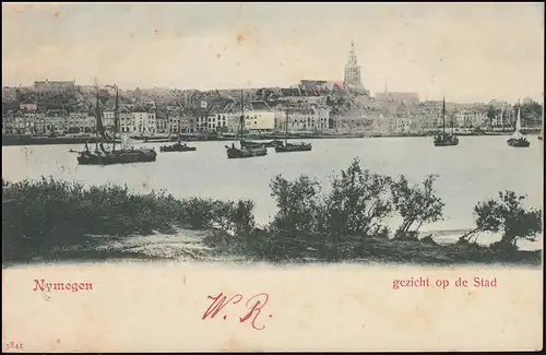 Trou de l'entreprise/Perfin K à 50 chiffres sur AK Nymegen Panorama AMSTERDAM 20.6.1901