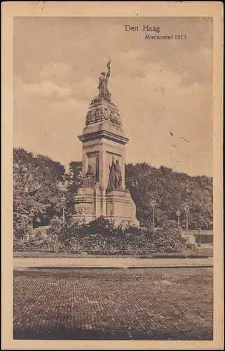 Perçage/perfine demi-deux sur 51 AK Monument 1813 S'GRAVENHAGE 10.8.22