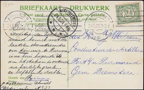Trou de l'entreprise/Perfin K à 52 chiffres sur AK Leidscheplein AMSTERDAM 24.6.1909