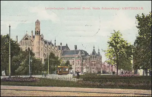 Firmenlochung/Perfin K auf 52 Ziffer auf AK Leidscheplein AMSTERDAM 24.6.1909
