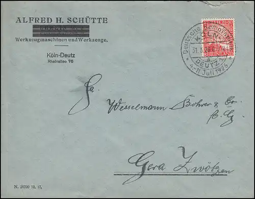 Firmenlochung Rheinland auf Brief Alfred H. Schütte Werkzeuge Köln-Deutz 31.5.26