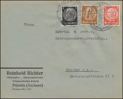 Firmenlochung Reinhold Richter Ofensetzmeister PULSNITZ 12.12.37 Bf. n. Dresden