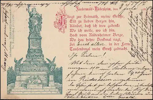 AK Niederwald-Denkmal mit Gedicht, RÜDESHEIM 2.7.1904 nach REMSCHEID 3.7.04