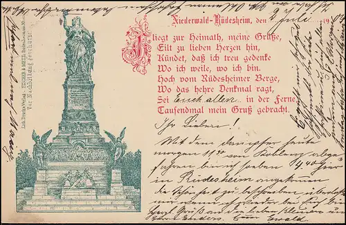 Monument AK Niederwald avec poème, RÜDESHEIM 2.7.1904 selon REMSCHEID 3.7.04