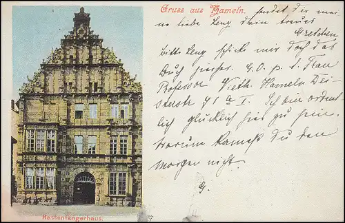 Ansichtskarte Gruss aus Hameln Rattenfängerhaus, 11.4.1901 nach HANNOVER 11.4.01