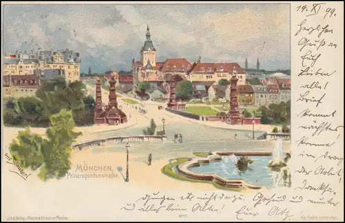 Ansichtskarte Prinzregentenstraße MÜNCHEN 14.11.1899 nach BAMBERG 15.11.99
