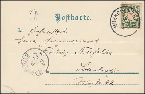 Ansichtskarte Prinzregentenstraße MÜNCHEN 14.11.1899 nach BAMBERG 15.11.99