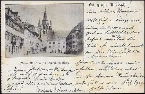 AK Gruss de Ansbach Oberer Markt et St. Gumbertuskirche 25.10.1902 n. NÜRNBERG