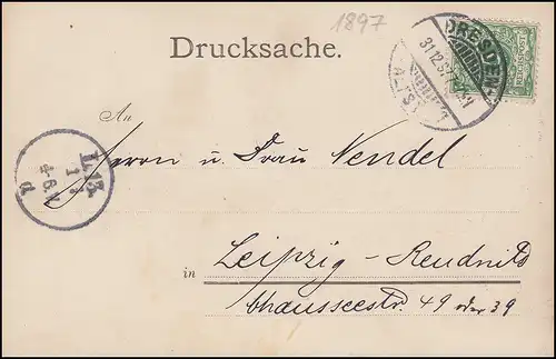 AK Königl. Schloss und kathol. Hofkirche DRESDEN 31.12.1897 nach LEIPZIG 1.1.