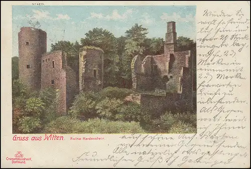 AK Gruss aus Witten Ruine Hardenstein, 5.5.1900 nach PEGNITZ STADT 6.5.00