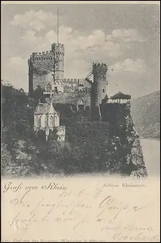 AK Gruss du Rhein Schloss Rheinstein, RÜDESHEIM 29.5.1898 vers ISEROLHN 30.5.98