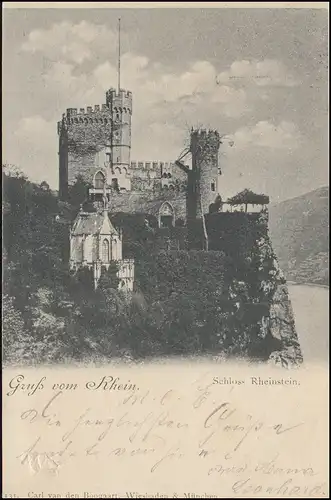 AK Gruss vom Rhein Schloss Rheinstein, RÜDESHEIM 29.5.1898 nach ISERLOHN 30.5.98