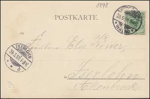 AK Gruss du Rhein Schloss Rheinstein, RÜDESHEIM 29.5.1898 vers ISEROLHN 30.5.98