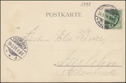 AK Gruss vom Rhein Schloss Rheinstein, RÜDESHEIM 29.5.1898 nach ISERLOHN 30.5.98