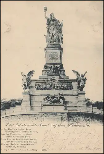 AK Niederwald-Denkmal mit Gedicht, RÜDESHEIM 29.8.1898 nach ISERLOHN 29.8.98