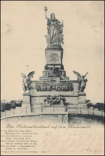 AK Niederwald Monument avec poème, RÜDESHEIM 29.8.1898 vers ISEROLOHN 29/08/98