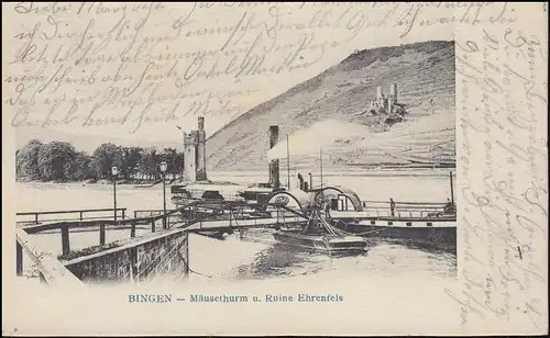 AK Bingen - Mäuseturm und Ruine Ehrenfels, 19.7.1903 nach MÖNCHENGLADBACH 20.7.