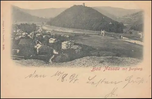 Ansichtskarte Bad Nassau mit Burgberg, NASSAU (LAHN) 10.8.1897 nach WEILBURG