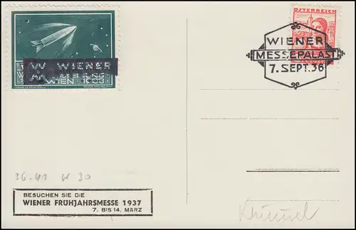 568 und Vignette auf AK Wien Höhenstraße mit SSt WIENER MESSEPALAST 7.9.36