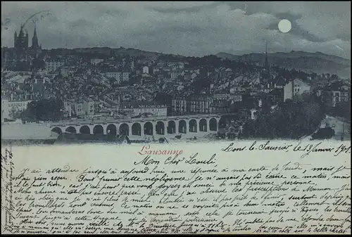 AK Lausanne la nuit, LONS LE SAUNIER 13.1.1901 après SAINT LAURENT DU JURA