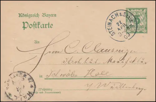 Carte postale de Bavière P 60 de STEINACH/SAALE 22.4.2003 à HALL (SCHWABISCH) 23.4.