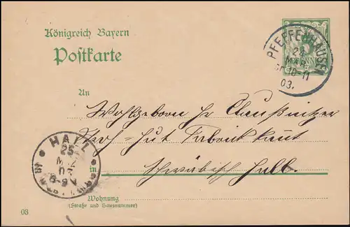 Bayern Postkarte P 60 von PFEFFENHAUSEN 24.3.1903 nach HALL (SCHWÄBISCH) 25.3.03