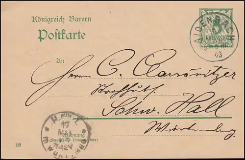 Bayern Postkarte P 60 von AIDENBACH 16.3.1903 nach HALL (SCHWÄBISCH) 17.5.03
