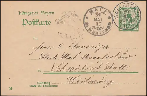 Bayern Postkarte P 60 von WALLERSTEIN 30.5.1903 nach HALL (SCHWÄBISCH) 31.5.03