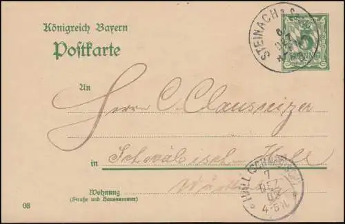 Bayern Postkarte P 66/01 von STEINACH/SAALE 6.12.1903 n. HALL (SCHWÄBISCH) 7.12.