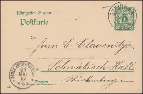 Bayern Postkarte P 66/01 von STEINRAIN 21.1.1903 nach HALL (SCHWÄBISCH) 21.5.03