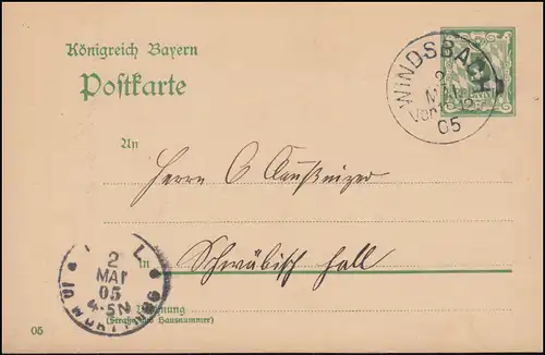 Carte postale de Bavière P 66/03, de WINDSACH 2.5.1905 à HALL (SCHWABISCH) 2.5