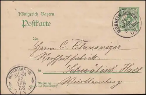Bayern Postkarte P 66/05 von MONHEIM i. Schwaben 21.1.1908 n. HALL (SCHWABISCH)