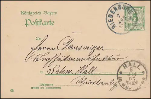 Bayern Postkarte P 66/01 von RIEDENBURG 7.6.1903 nach HALL in Württemberg 8.6.03