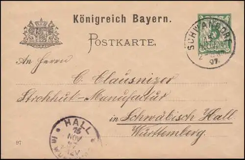 Bayern Postkarte P 44/03 von SCHWANDORF 15.11.1897 n. HALL in Württemberg 15.11