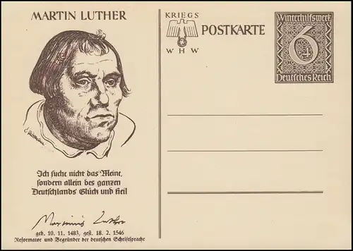 Carte postale spéciale P 285 WHW 1939 - Martin Luther, inutilisé