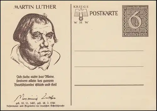Sonderpostkarte P 285 WHW 1939 - Martin Luther, ungebraucht