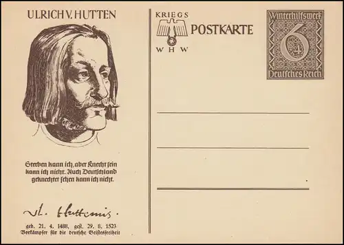 Carte postale spéciale P 285 WHW 1939 - Ulrich Hutten, non utilisé