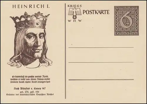 Carte postale spéciale P 285 WHW 1939 - Heinrich I., non utilisée