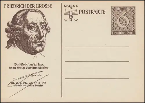 Carte postale spéciale P 285 WHW 1939 - Friedrich le Grand, inutilisé