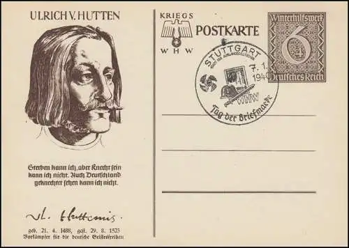 Carte postale spéciale P 285 WHW 1939 - Ulruch v. Hutten, SSt STUTTGART T.d.B. 7.1.40