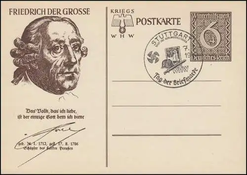 Carte postale spéciale P 285 WHW 1939 - Friedrich der Groß SSt STUTTGART T.d.B. 7.1.40