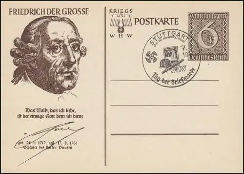 Sonderpostkarte P 285 WHW 1939 - Friedrich der Große SSt STUTTGART T.d.B. 7.1.40