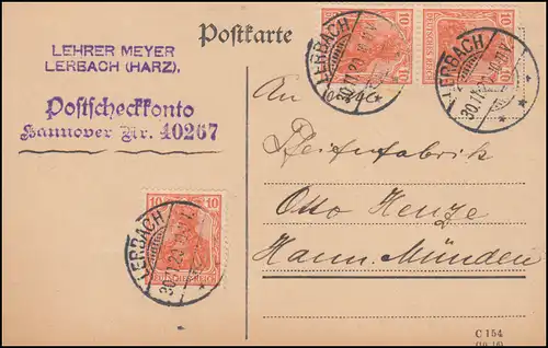 141 Germania 3mal 10 Pf. portogerechte MeF auf Fern-Postkarte LERBACH 30.11.20