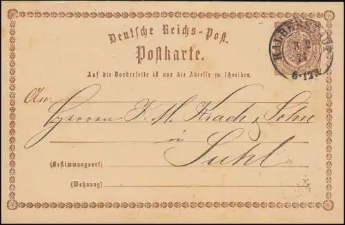 Postkarte P 1 Adler in Ellipse 1/2 Groschen von HALBERSTADT 3.2.1874 nach Suhl