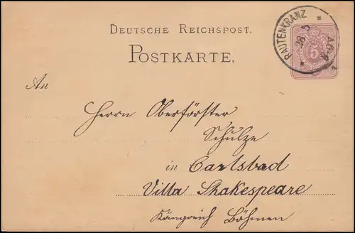 Postkarte P 10 Ziffer 5 PFENNIG von RAUTENKRANZ 28.5.1880 nach Karlsbad / Böhmen